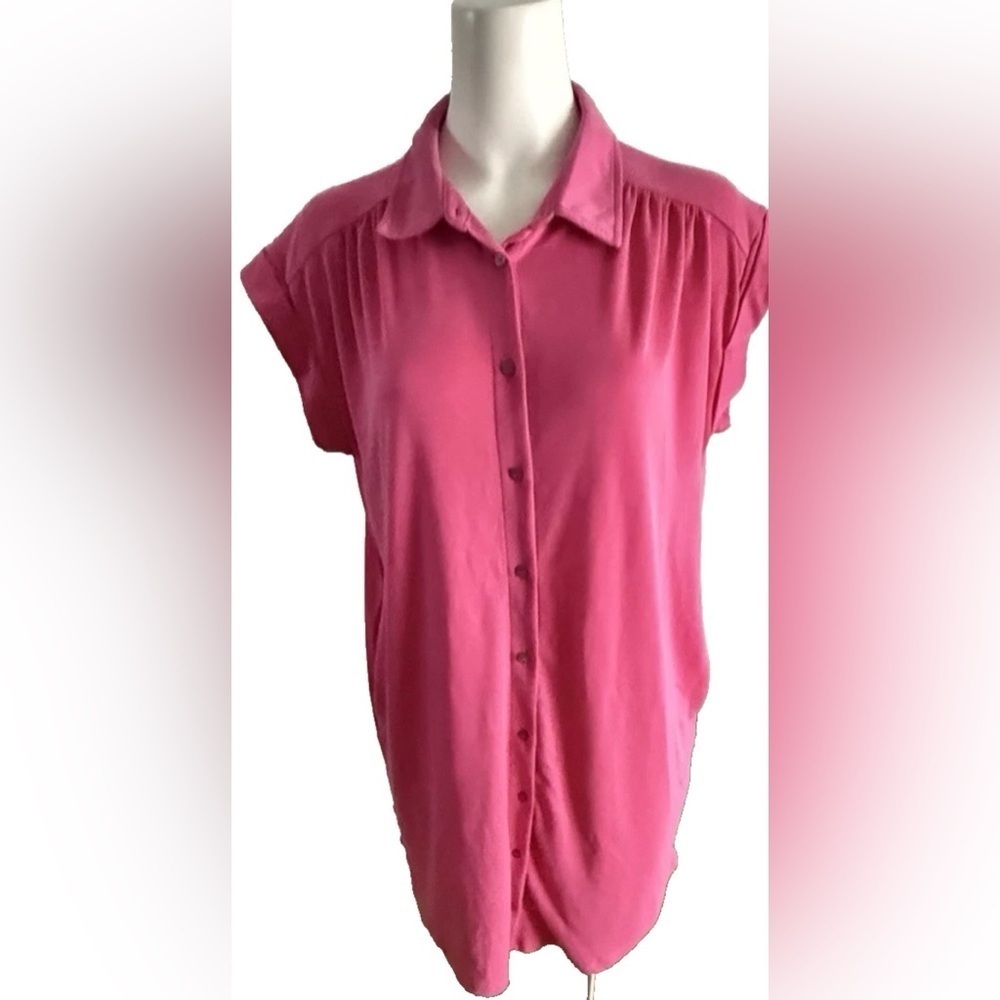 Ces Femme Dress Button Front Pink Cap Sleeve Pockets Pink Modal Blend Size L